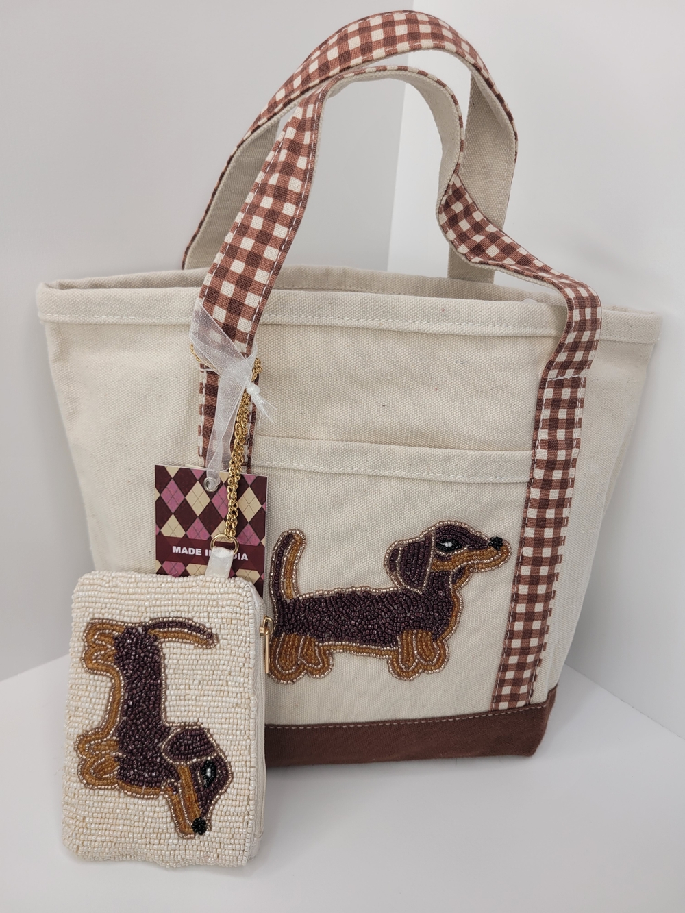 👉✨️ Made In India Beaded Dachshund Canvas Gingham Tote in Cream and Brown